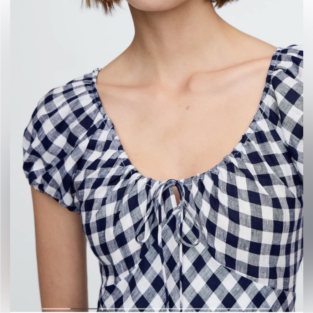 Navy & White Gingham Midi Dress - Casual Puff Sleeve - Picture 3 of 5